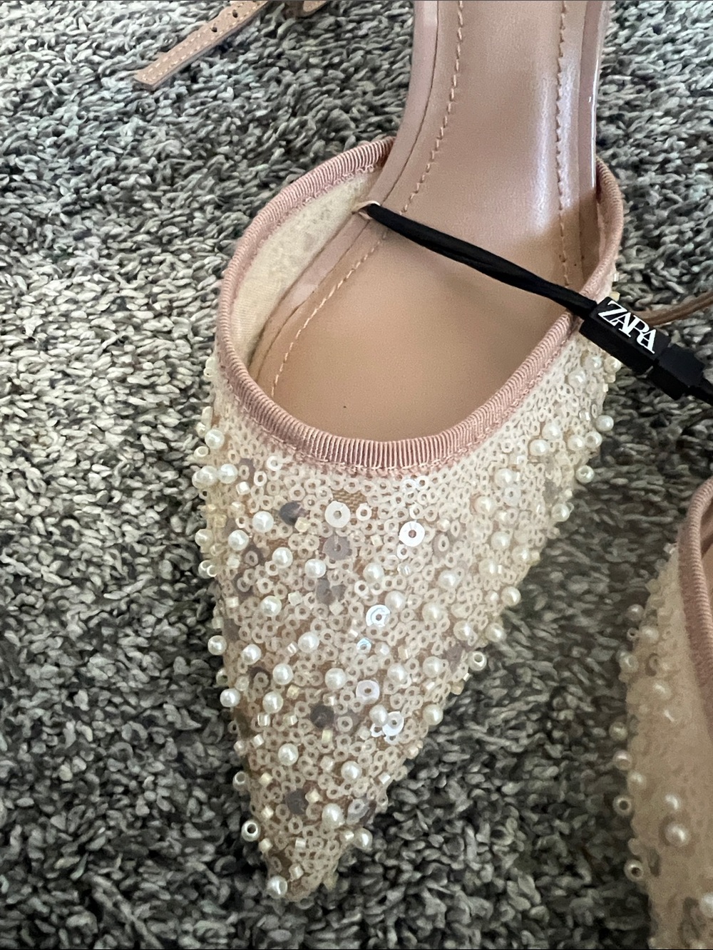 Zara Blush Sequin & Pearl Pointed Slingback Heels - Picture 3 of 6